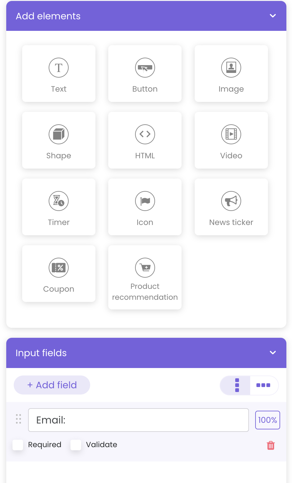 ポップアップに追加できるさまざまな要素 (テキスト、画像、図形、クーポン、ボタン、画像、ビデオなど)