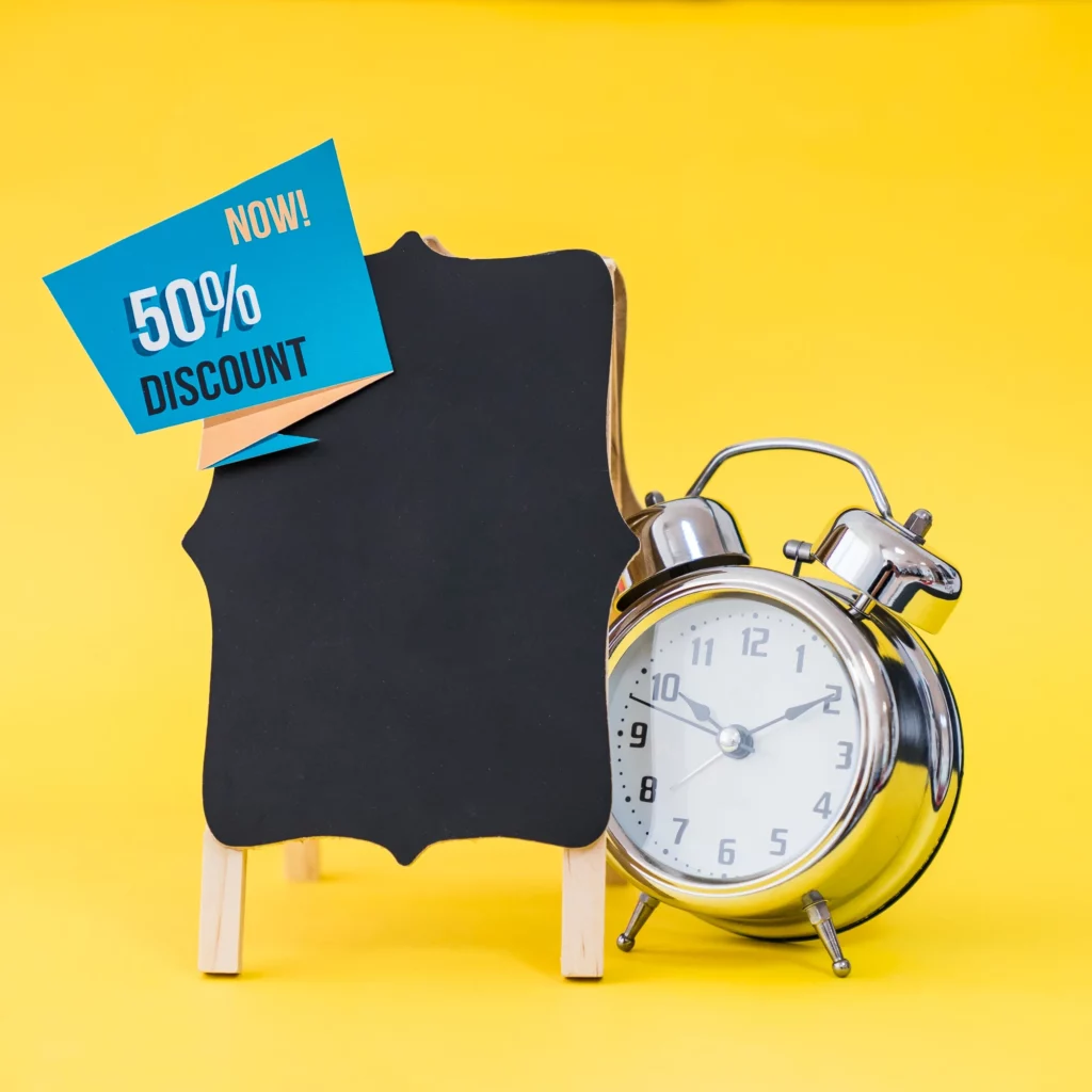 Oferta de boas-vindas com atraso: imagem mostrando o horário e a oferta de desconto de 50%.