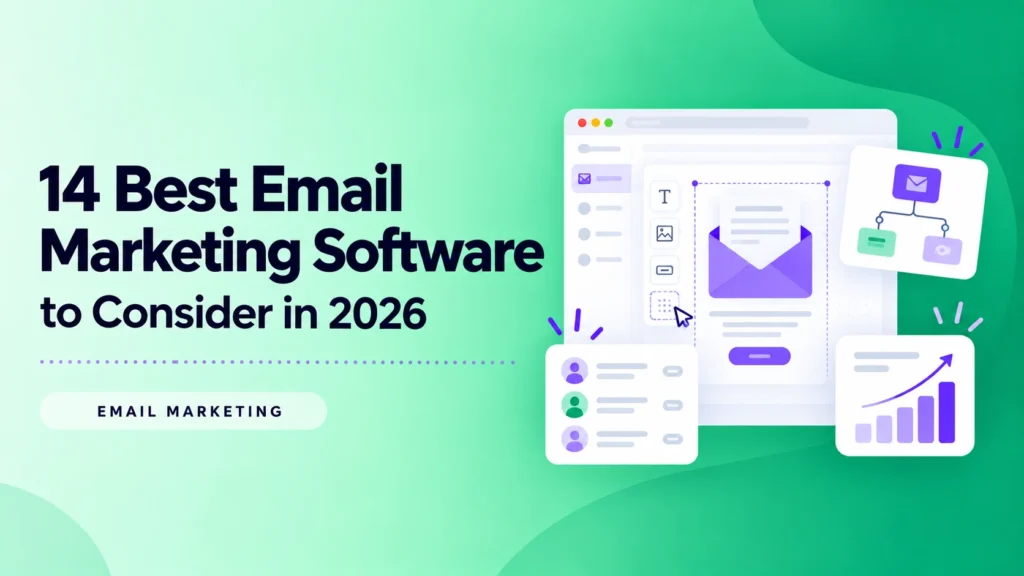 Green cover showing an email builder, automation workflow, subscriber list, and analytics.