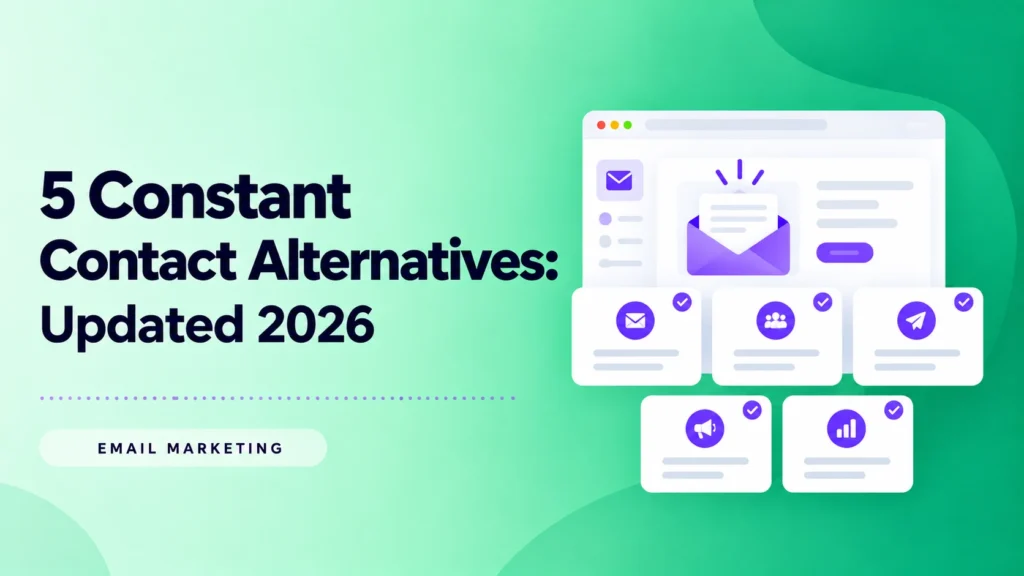 Groene omslag met een dashboard voor e-mailcampagnes en vijf vergelijkingskaarten voor e-mailmarketing.