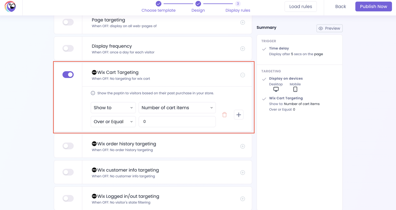 Poptin Wix Cart Targeting settings for displaying popups based on the number of cart items