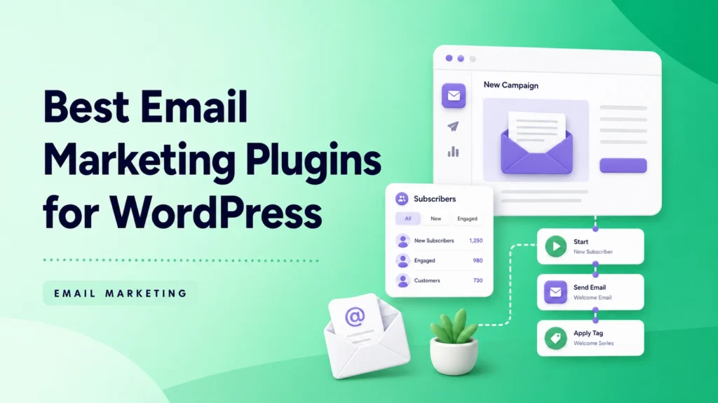 Email campaign, subscriber segments and automation cards on Poptin’s mint-to-emerald email marketing cover.
